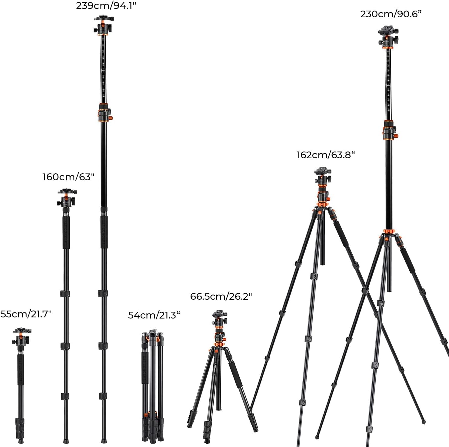 K&F CONCEPT 90''/230cm Ultra High Camera Tripod,Horizontal Overhead Shooting Travel Tripods with Metal Ball Head 10KG Load Capacity,Detachable Monopod, for Indoor and Outdoor Use T254A7+BH-28L - Image 6